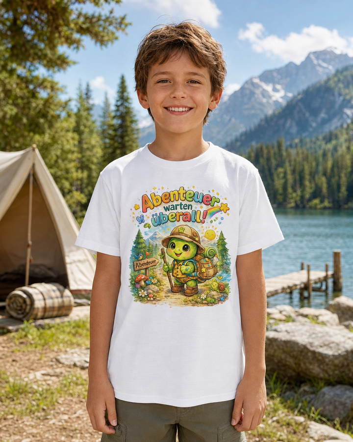 Abenteuer warten überall Kinder-T-Shirt | Schildkröte beim Wandern