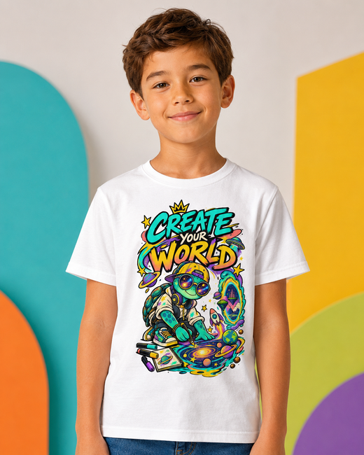 Create Your World Kinder-T-Shirt | Kreative Schildkröte mit Weltall-Motiv