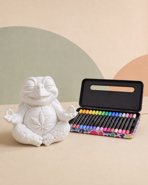 Shellax DIY-Bemalset mit einer weißen unbemalten Schildkrötenfigur und einem Etui mit 18 bunten Acrylmarkern.