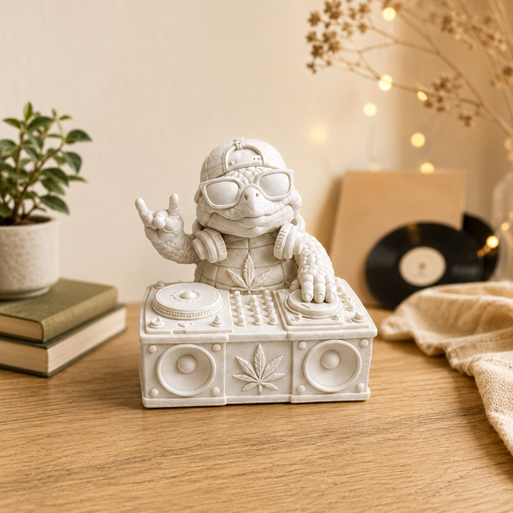 Shellax DJ – weiße 3D-Druck-Schildkröte zum Bemalen als DIY-Deko.