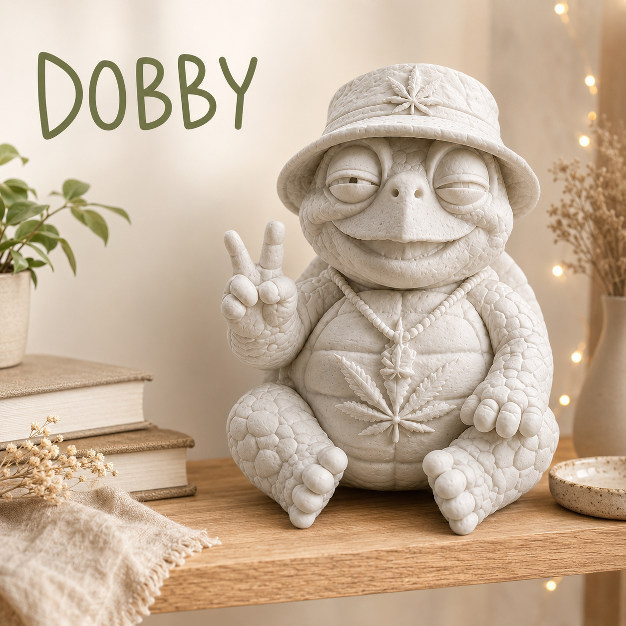 Shellax Dobby – unbemalte weiße Schildkrötenfigur mit Anglerhut aus PLA+ zum Selbstgestalten, Ansicht 2.