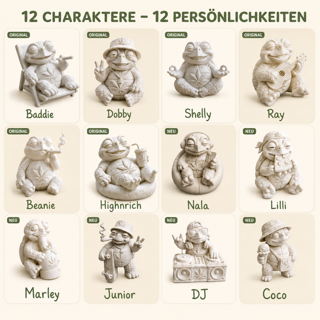 Shellax 6er-Set – zwölf Shellax Charaktere als Übersicht für eigene Set-Auswahl.