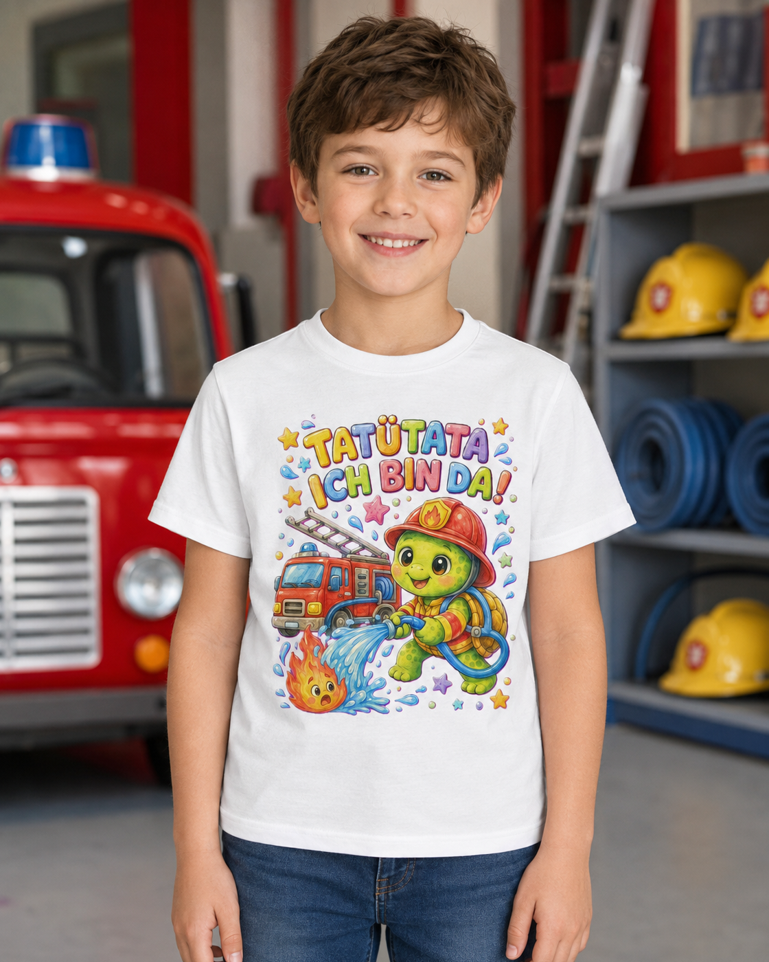 Kinder-T-Shirt mit Feuerwehr-Schildkröte