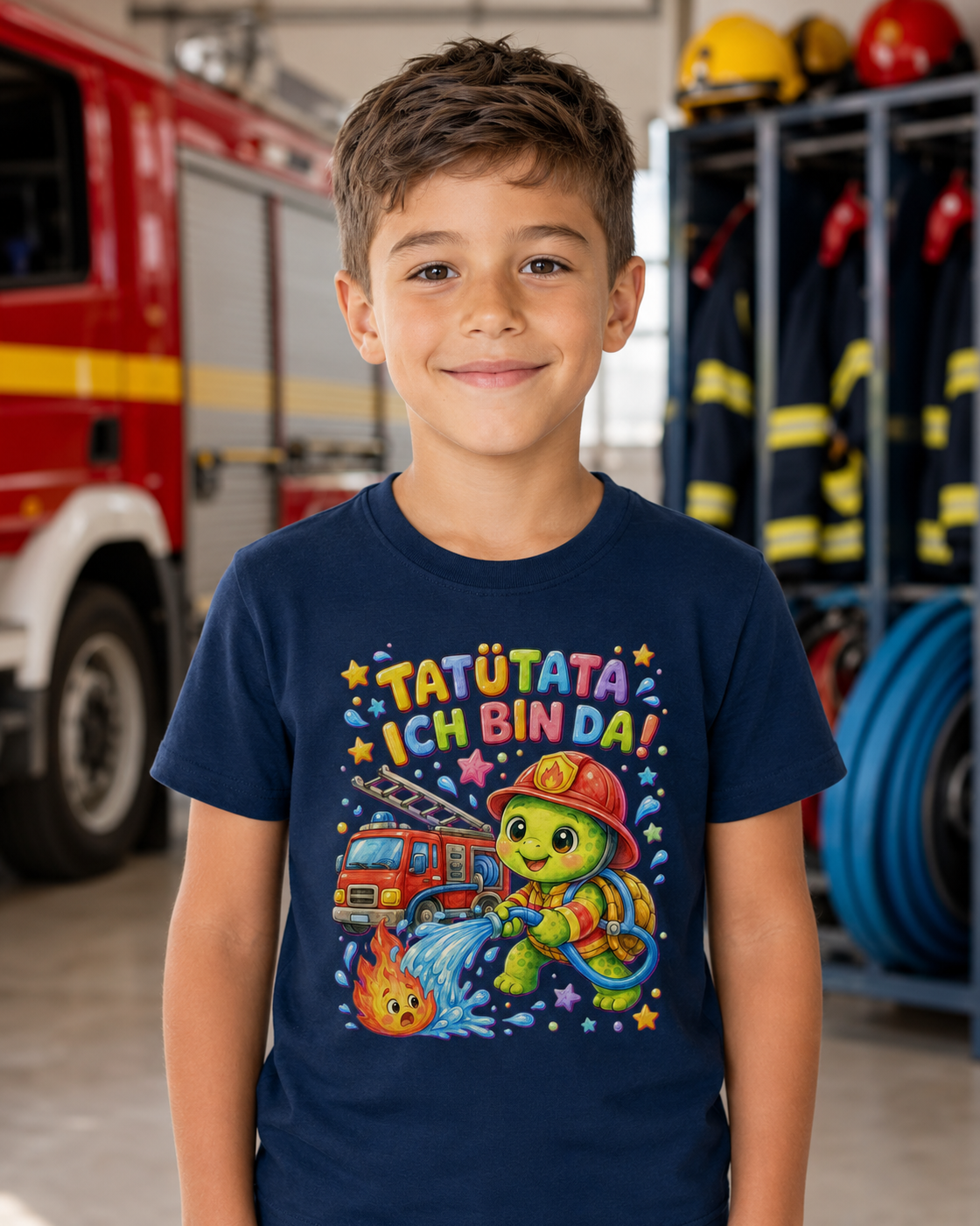 Kinder-T-Shirt mit Feuerwehr-Schildkröte