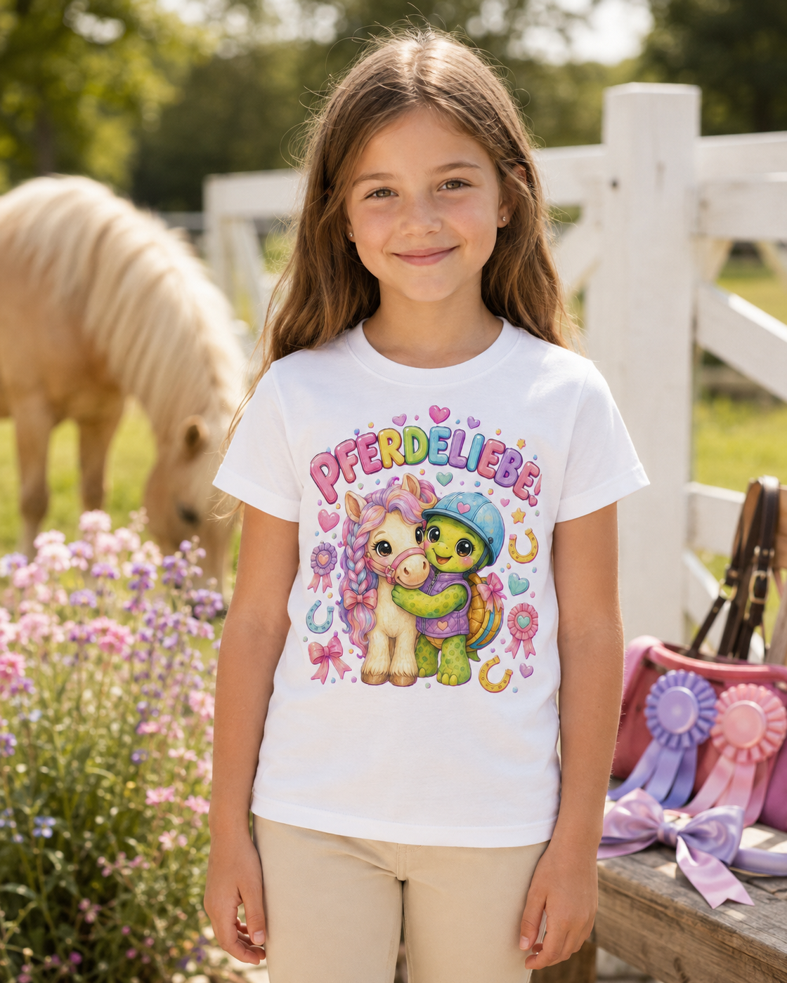 Mädchen-T-Shirt mit Pferd und Schildkröte