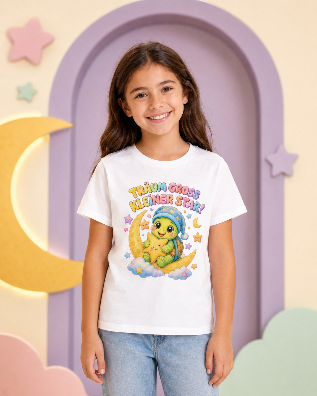 Kinder-T-Shirt mit Schildkröte auf dem Mond