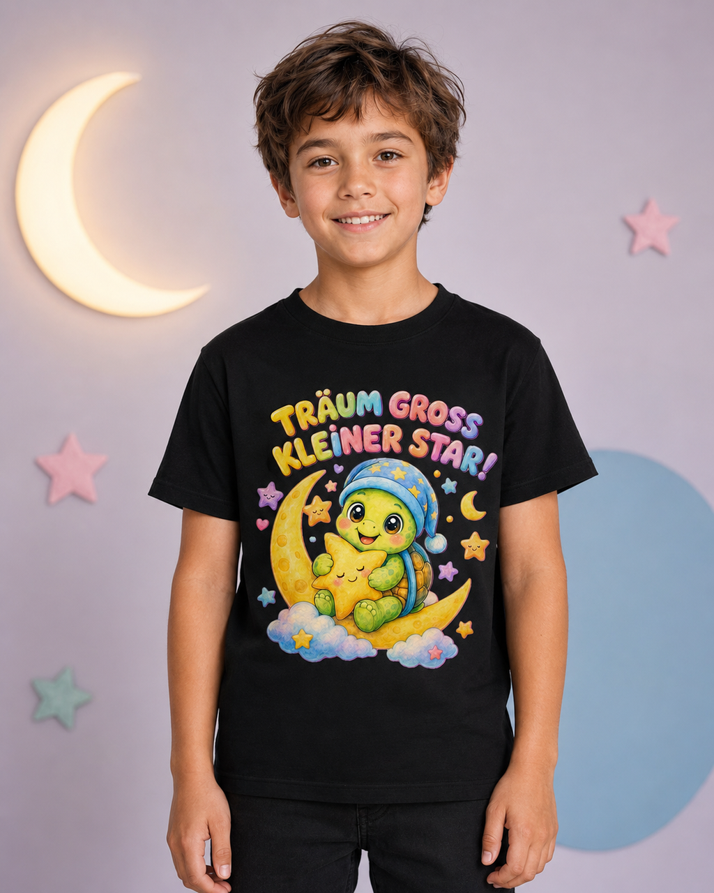 Kinder-T-Shirt mit Schildkröte auf dem Mond