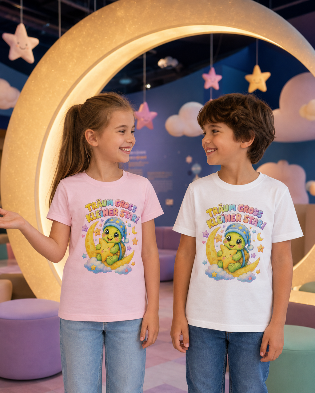 Kinder-T-Shirt mit Schildkröte auf dem Mond
