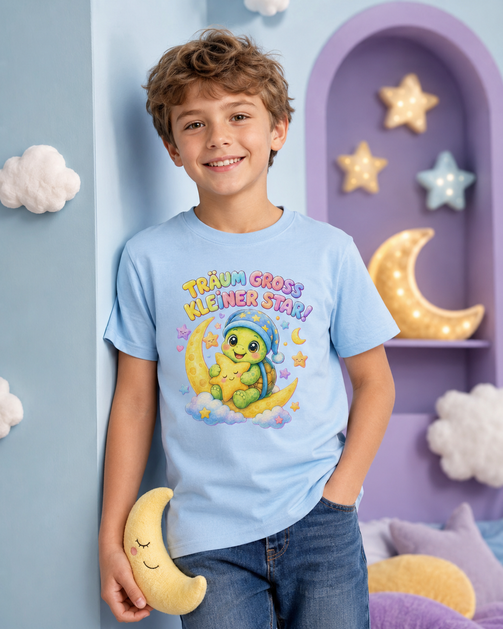 Kinder-T-Shirt mit Schildkröte auf dem Mond