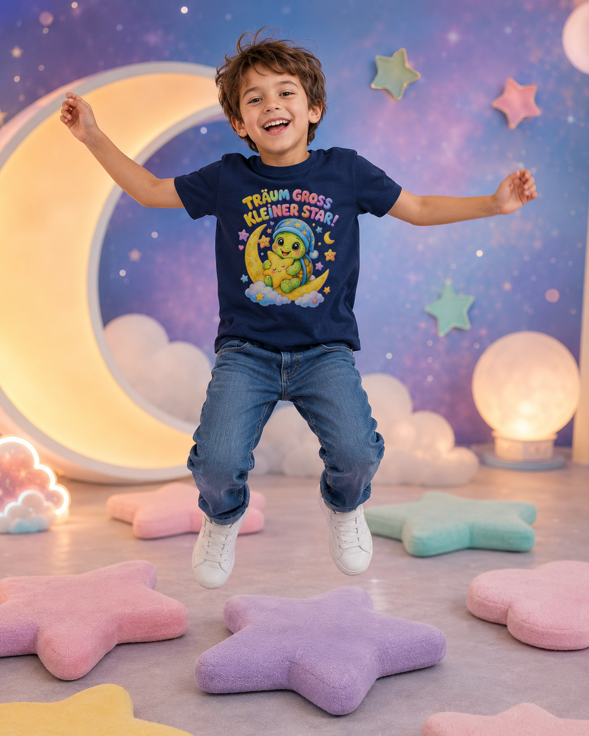 Kinder-T-Shirt mit Schildkröte auf dem Mond