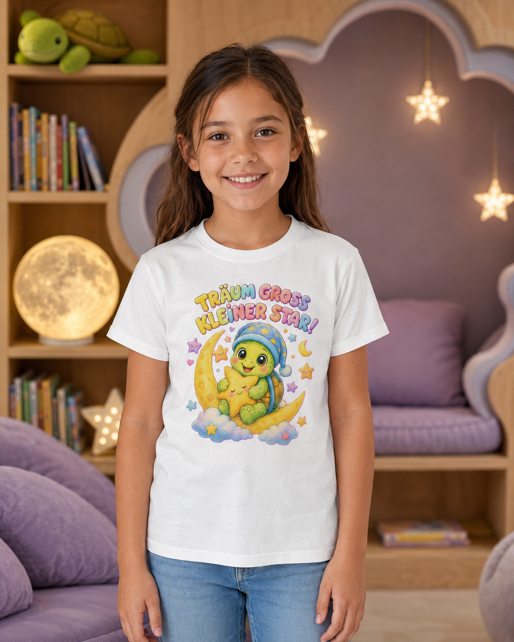 Kinder-T-Shirt mit Schildkröte auf dem Mond