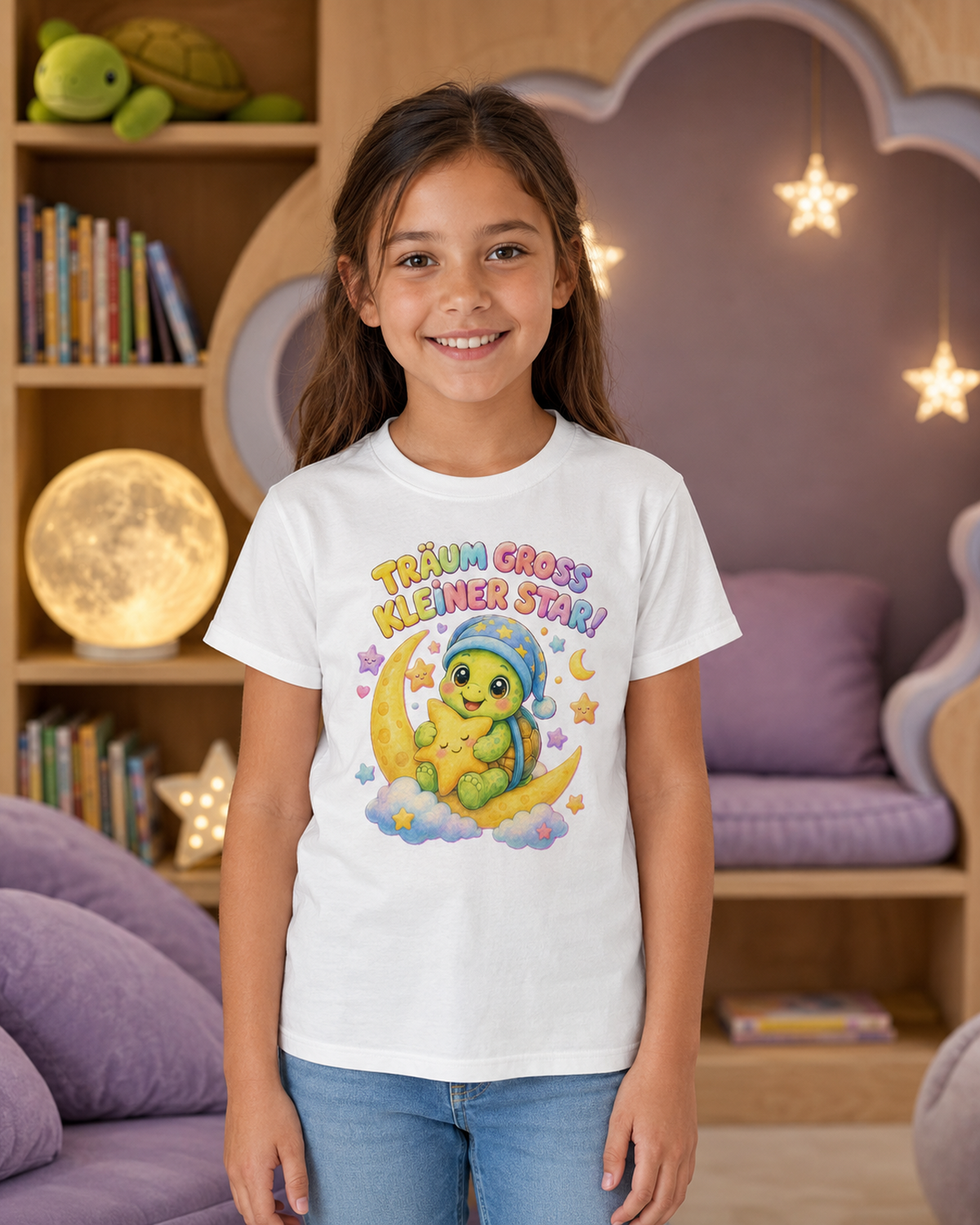 Kinder-T-Shirt mit Schildkröte auf dem Mond