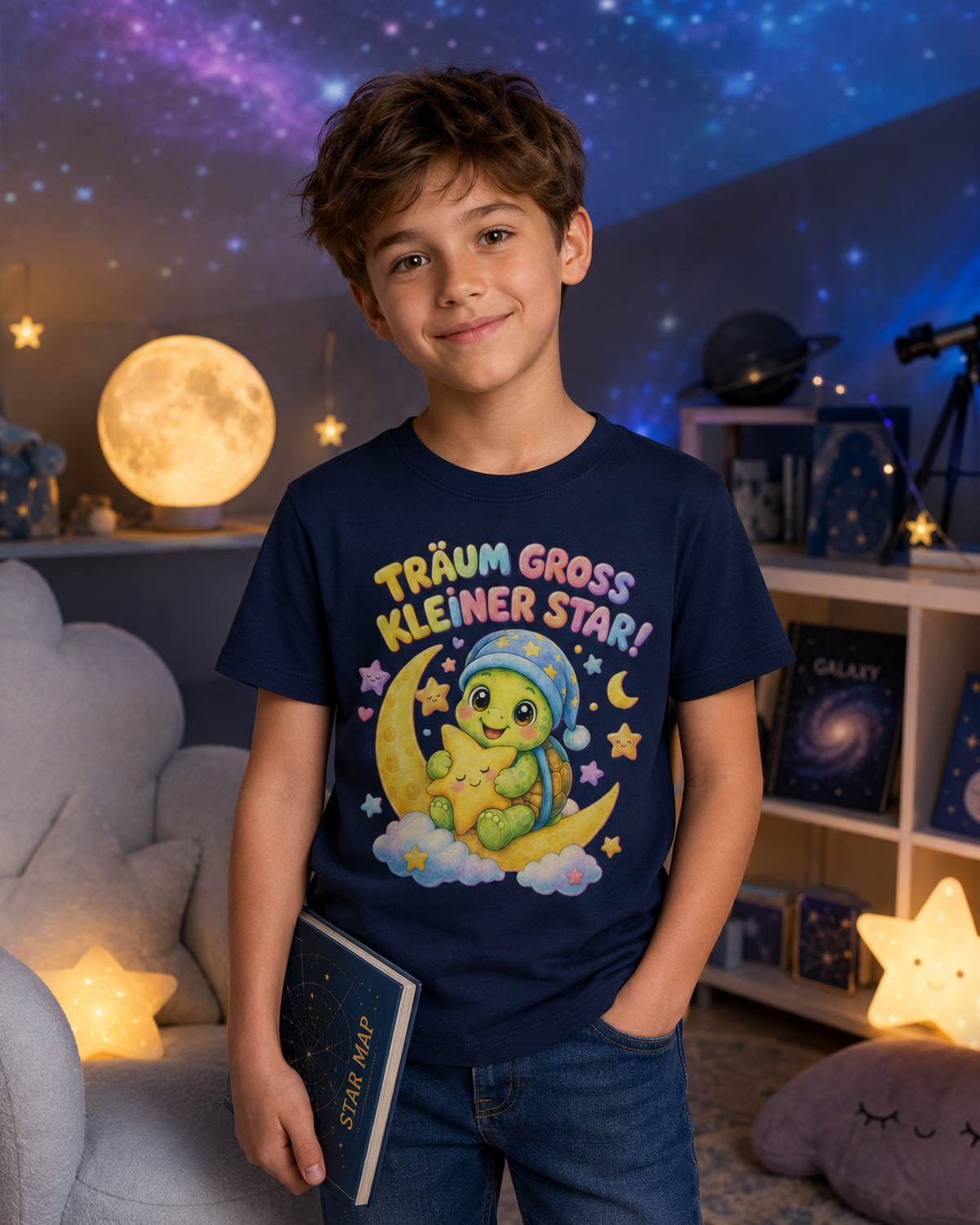 Kinder-T-Shirt mit Schildkröte auf dem Mond