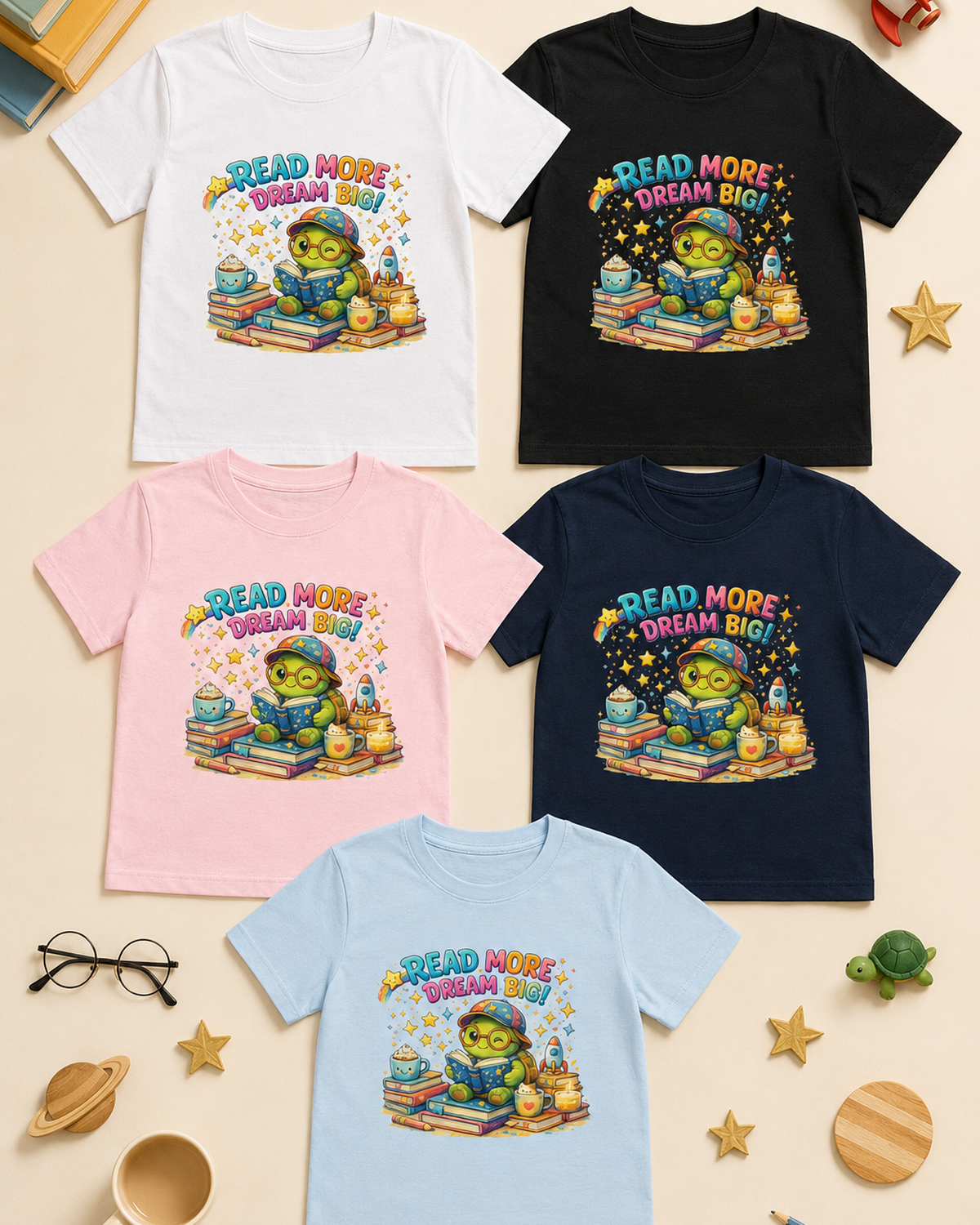 Kinder-T-Shirt mit lesender Schildkröte