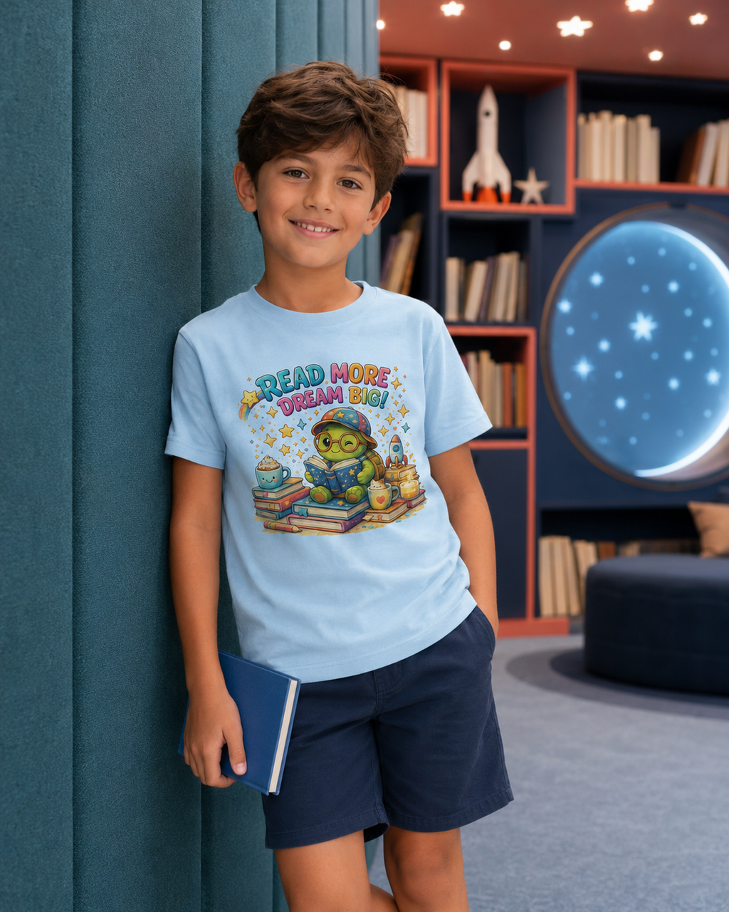 Kinder-T-Shirt mit lesender Schildkröte