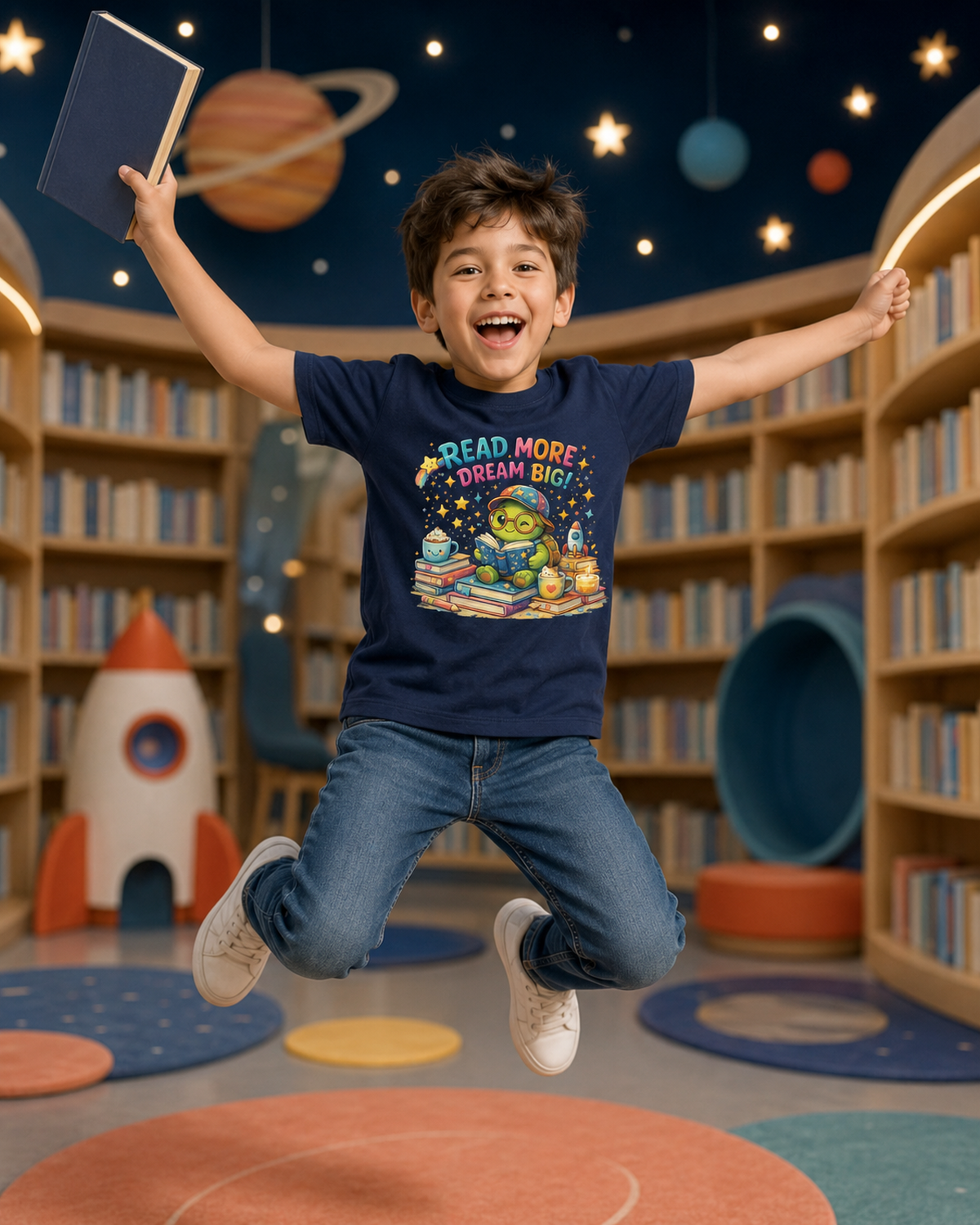 Kinder-T-Shirt mit lesender Schildkröte