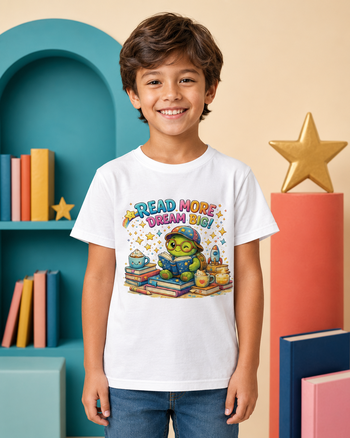 Kinder-T-Shirt mit lesender Schildkröte