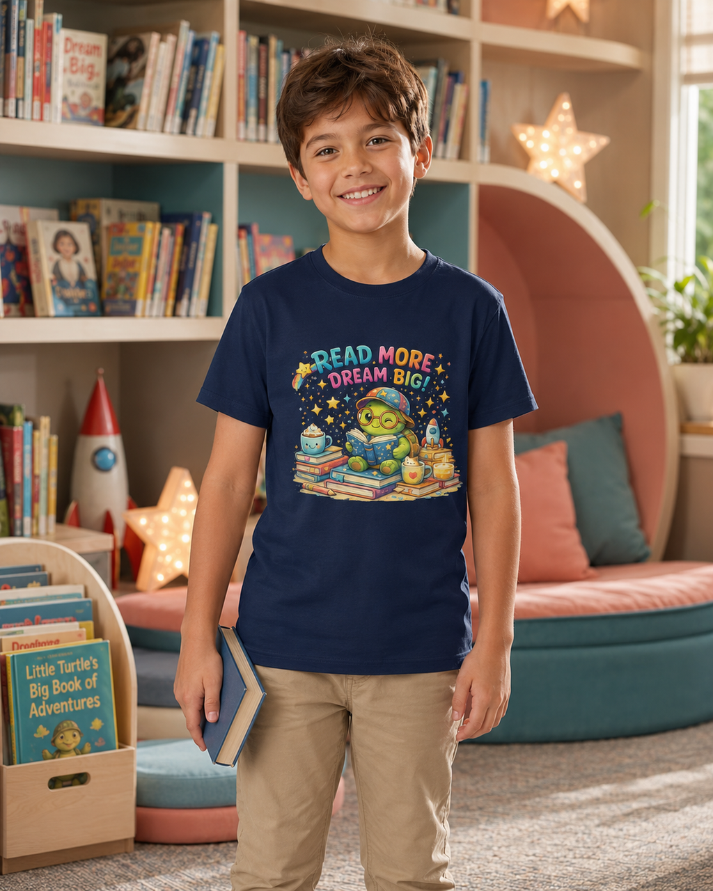 Kinder-T-Shirt mit lesender Schildkröte