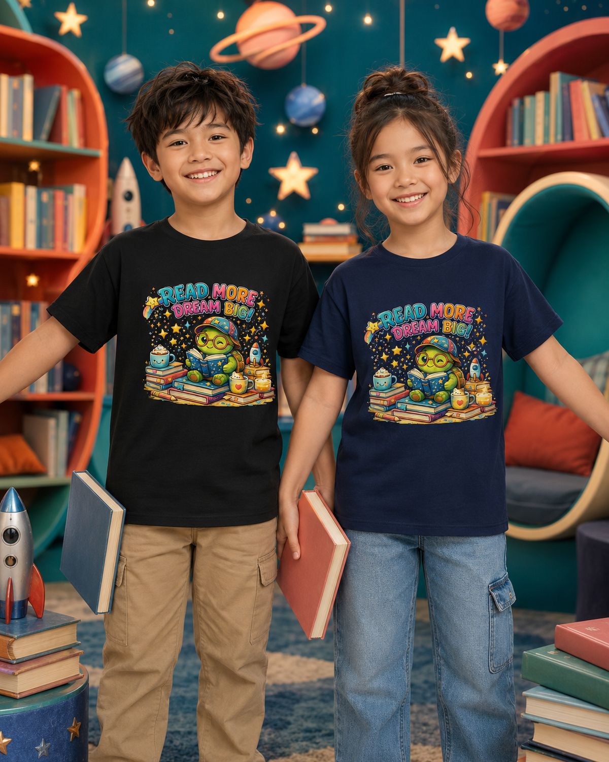 Kinder-T-Shirt mit lesender Schildkröte
