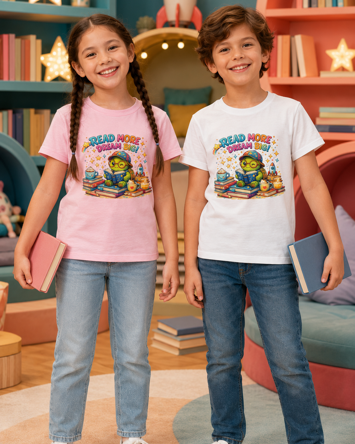 Kinder-T-Shirt mit lesender Schildkröte