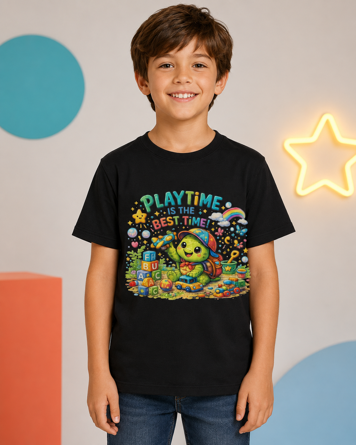 Kinder-T-Shirt mit spielender Schildkröte