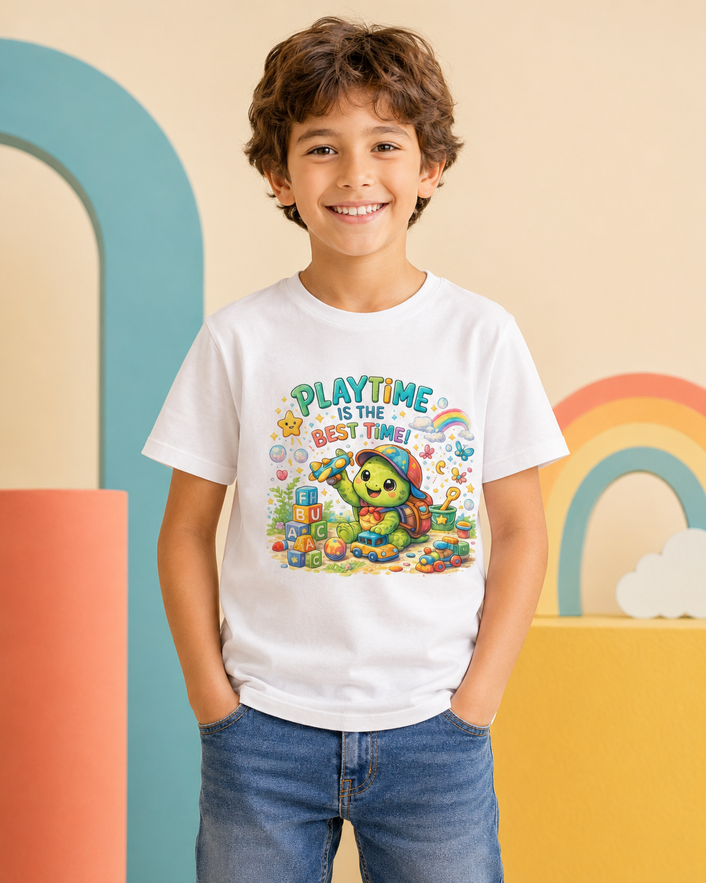 Kinder-T-Shirt mit spielender Schildkröte