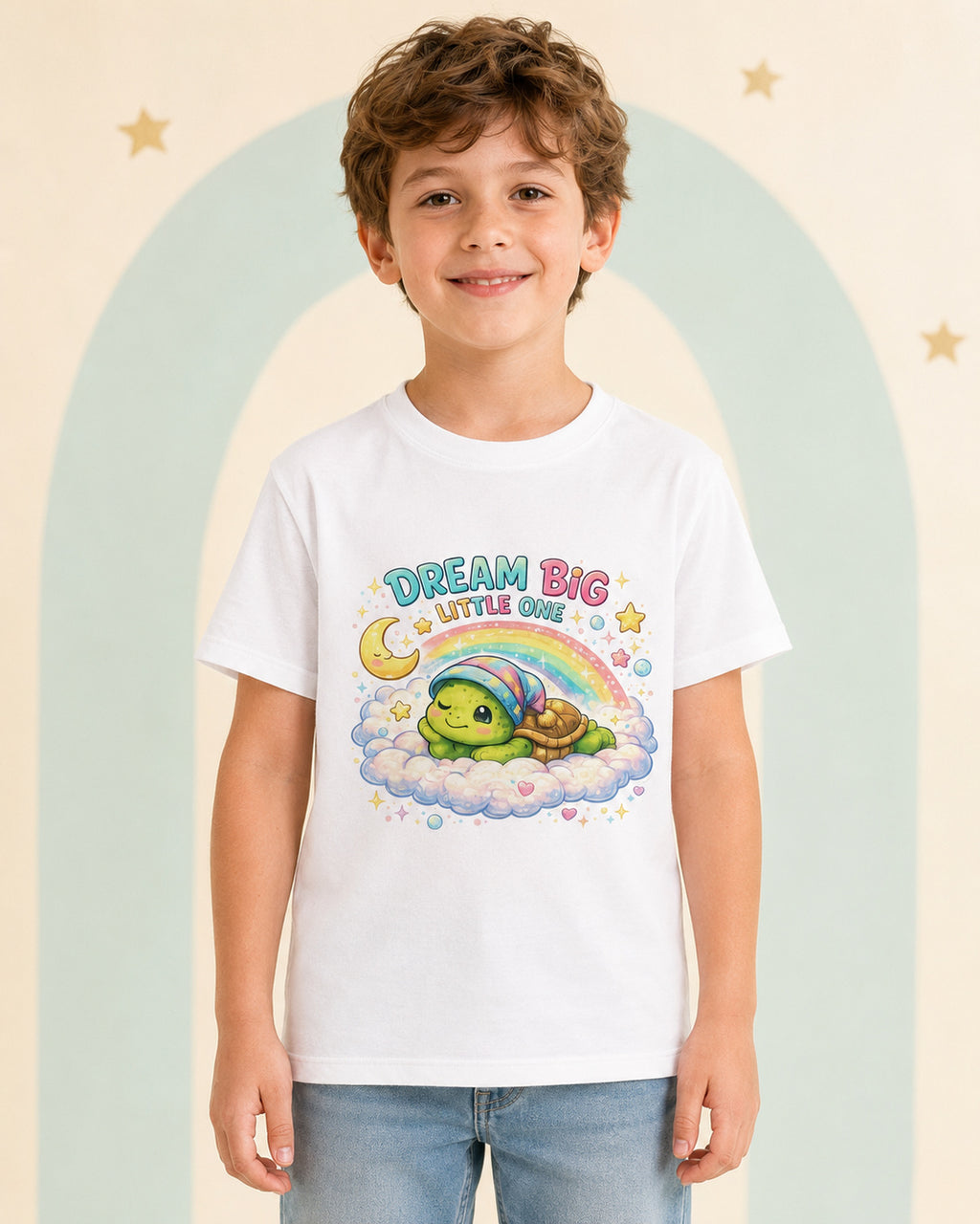 Kinder-T-Shirt mit Schildkröte und Regenbogen