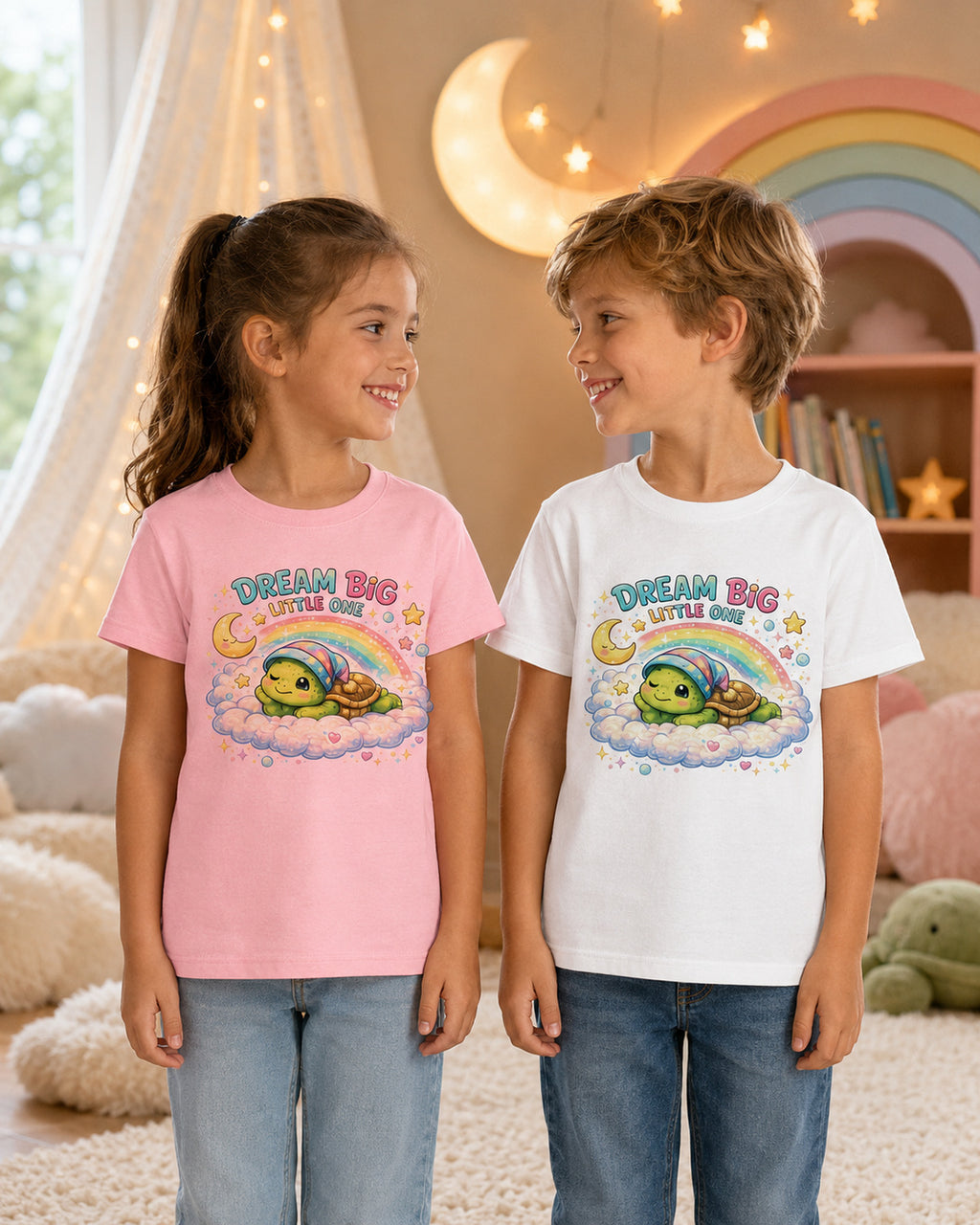 Kinder-T-Shirt mit Schildkröte und Regenbogen