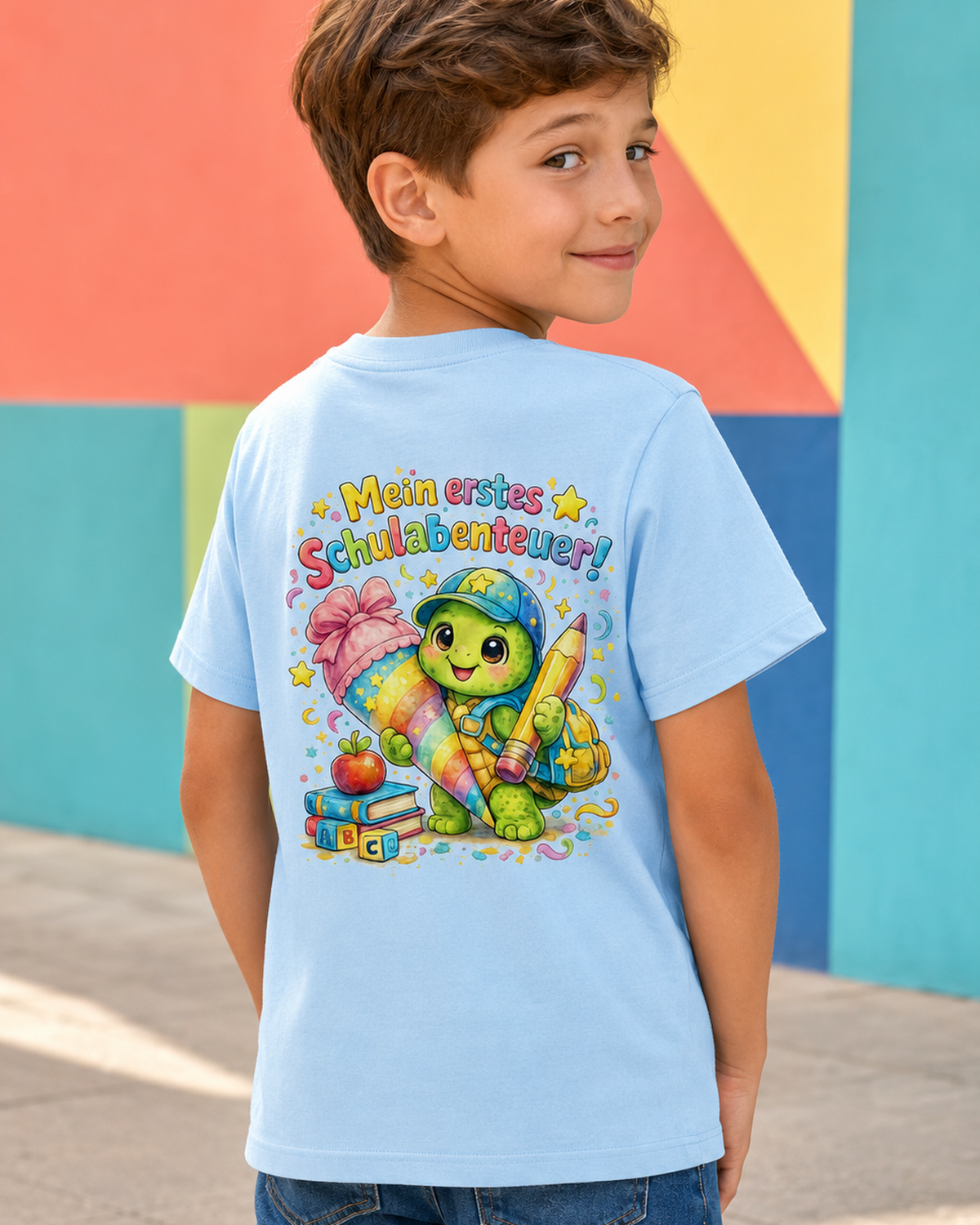 Mein erstes Schulabenteuer Kinder T-Shirt mit Backprint