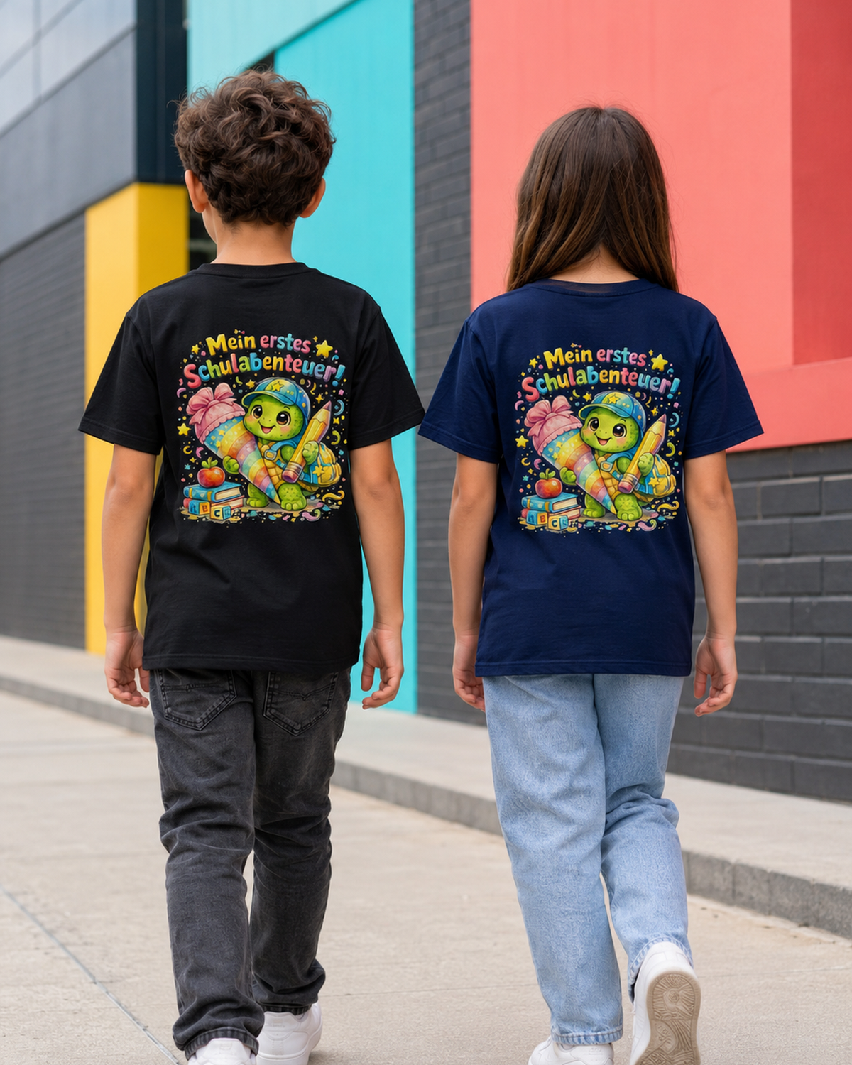 Mein erstes Schulabenteuer Kinder T-Shirt mit Backprint