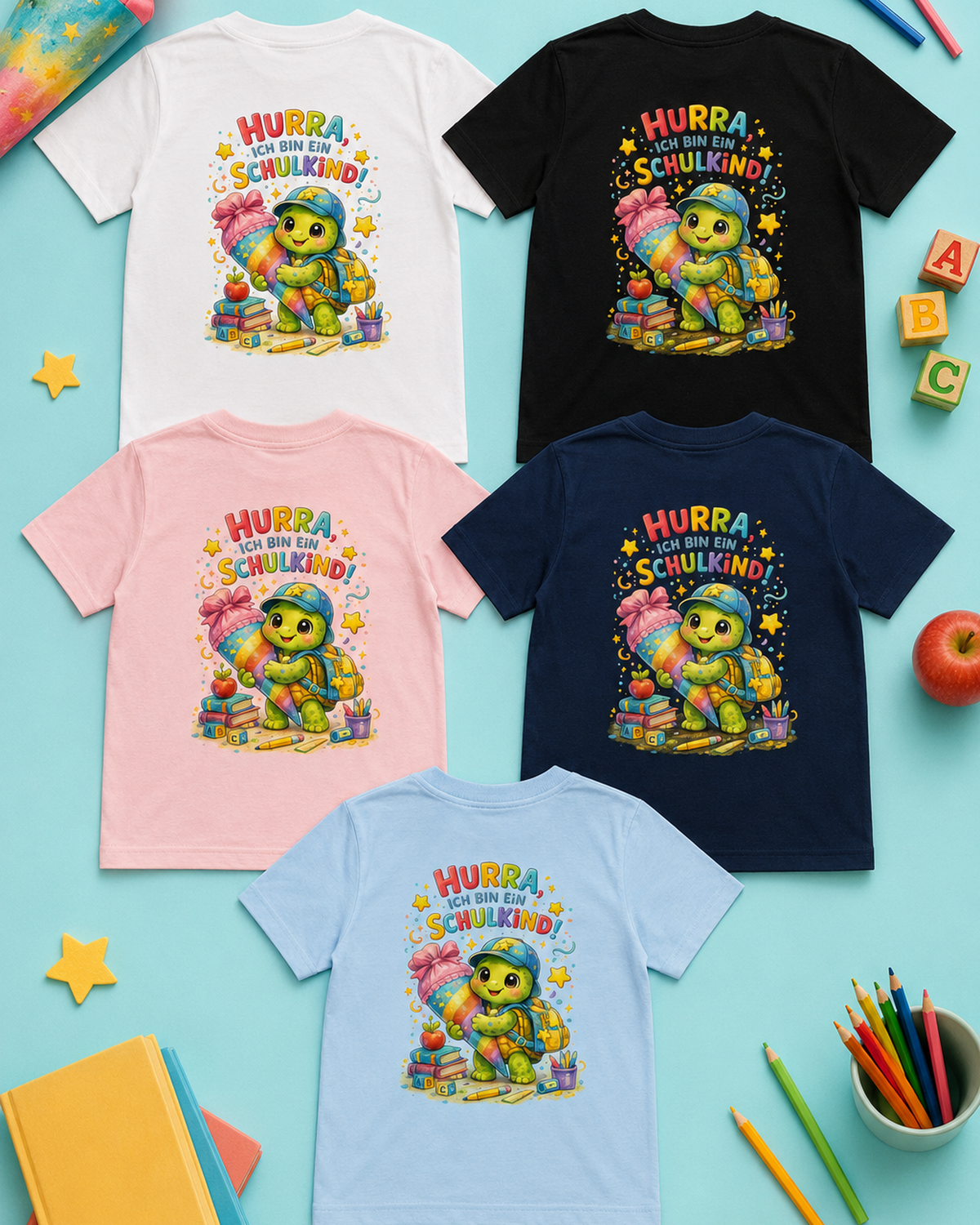 Hurra ich bin ein Schulkind Kinder T-Shirt mit Backprint