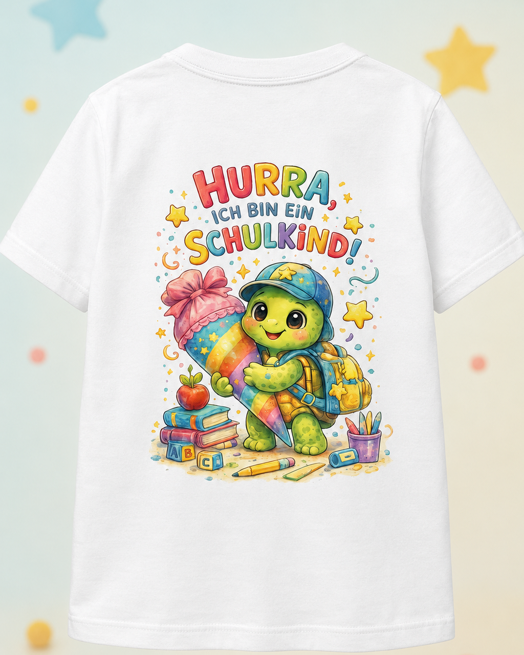 Hurra ich bin ein Schulkind Kinder T-Shirt mit Backprint