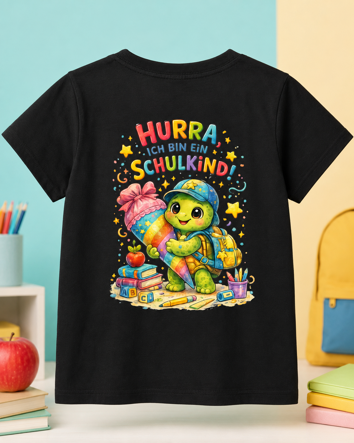 Hurra ich bin ein Schulkind Kinder T-Shirt mit Backprint