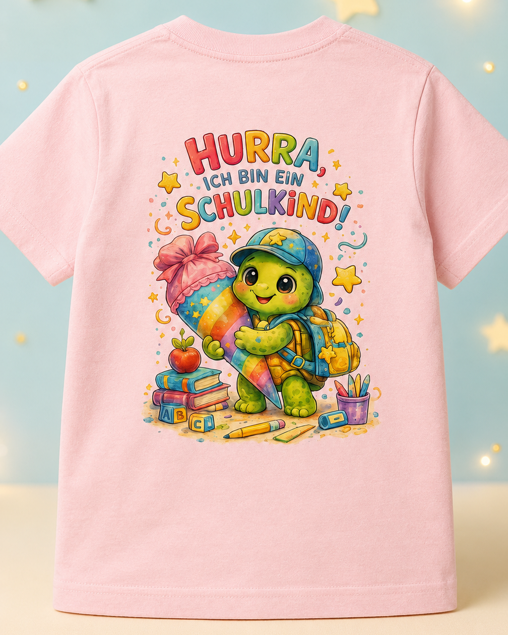 Hurra ich bin ein Schulkind Kinder T-Shirt mit Backprint