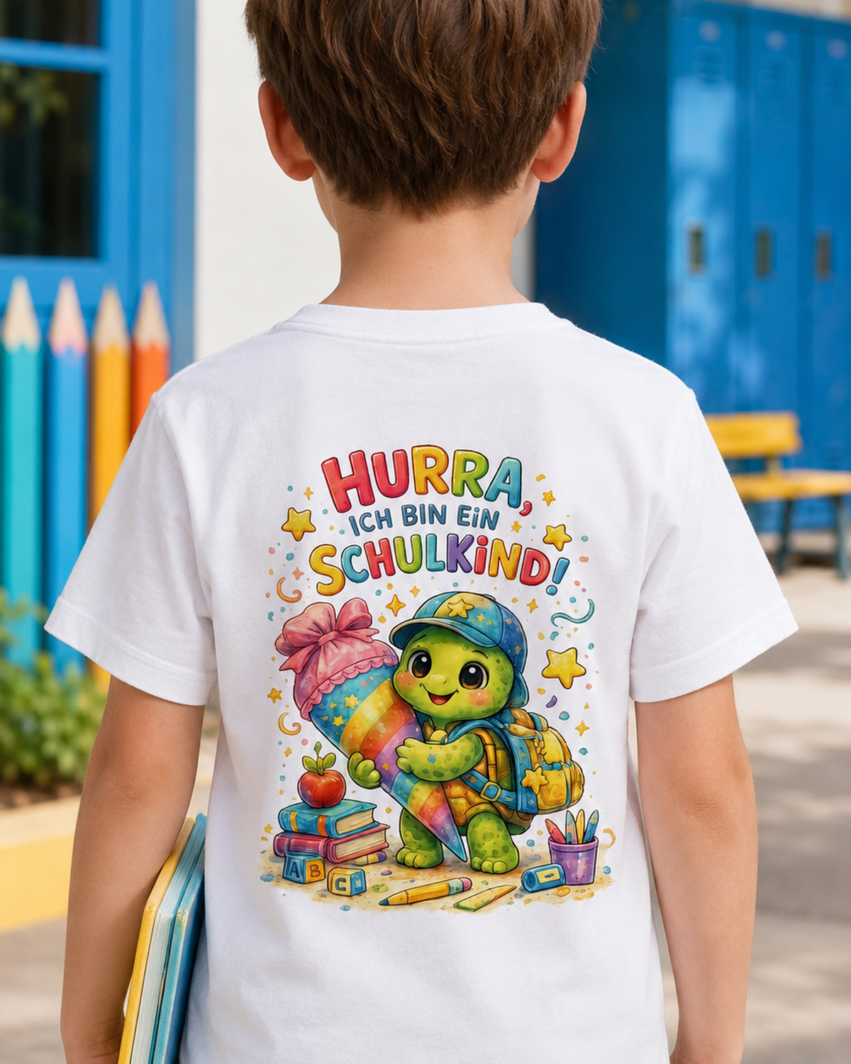 Hurra ich bin ein Schulkind Kinder T-Shirt mit Backprint