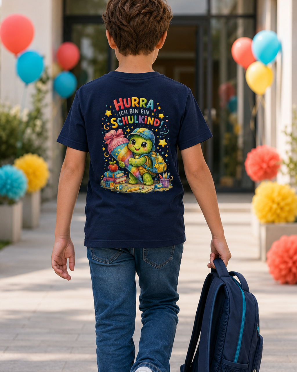 Hurra ich bin ein Schulkind Kinder T-Shirt mit Backprint
