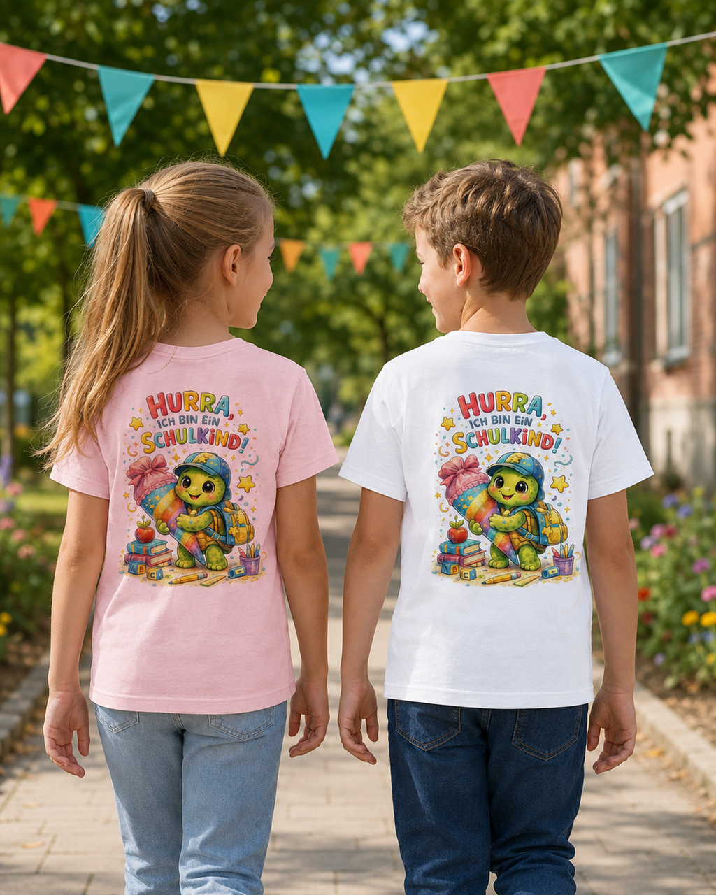 Hurra ich bin ein Schulkind Kinder T-Shirt mit Backprint