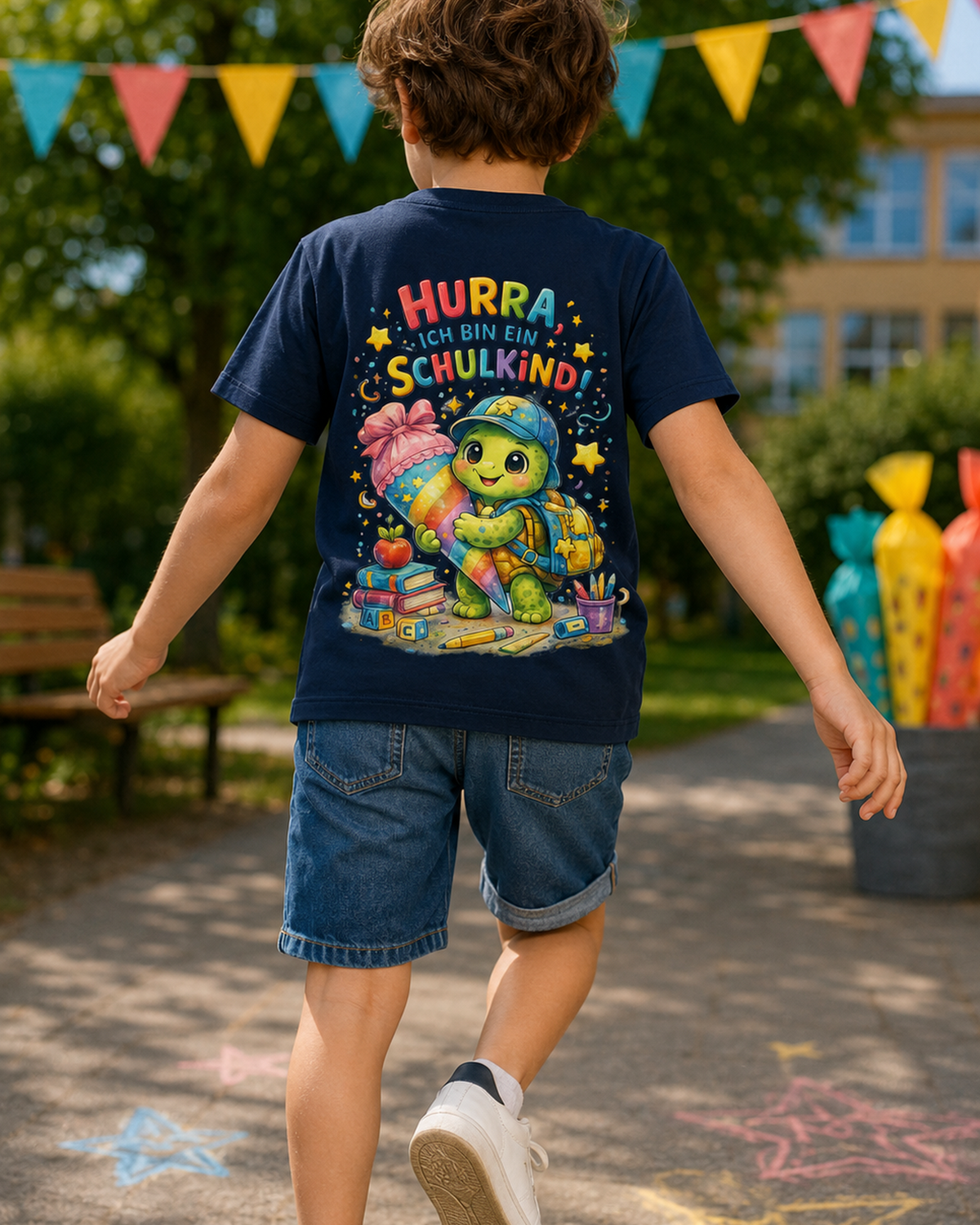 Hurra ich bin ein Schulkind Kinder T-Shirt mit Backprint