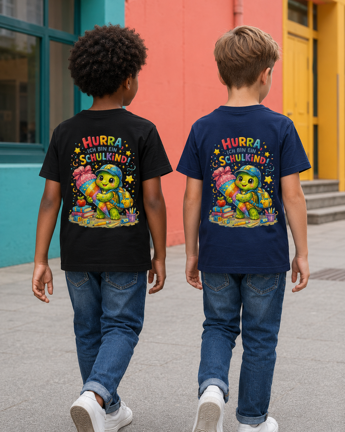 Hurra ich bin ein Schulkind Kinder T-Shirt mit Backprint