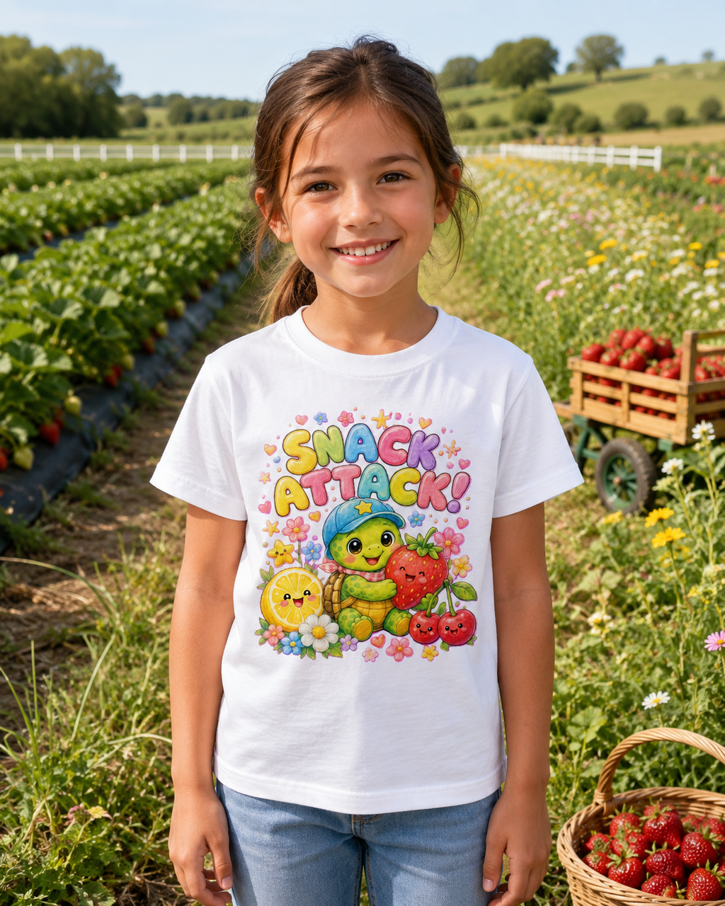 Snack Attack Kinder-T-Shirt mit Schildkröte | Kawaii Obst-Shirt für Kinder