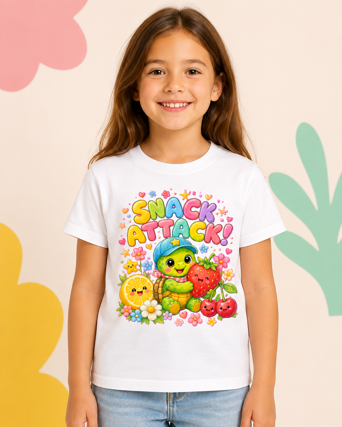 Snack Attack Kinder-T-Shirt mit Schildkröte | Kawaii Obst-Shirt für Kinder