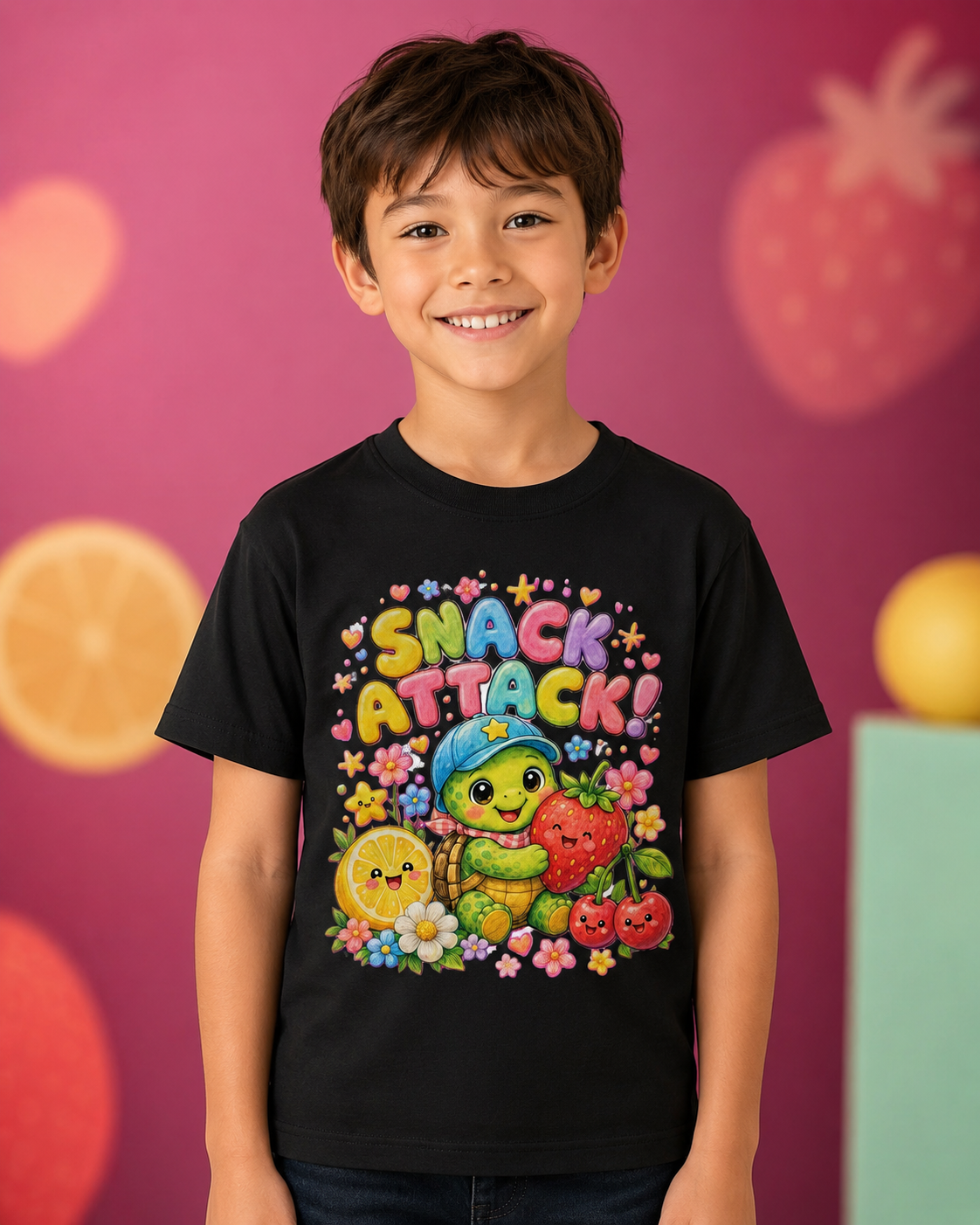 Snack Attack Kinder-T-Shirt mit Schildkröte | Kawaii Obst-Shirt für Kinder
