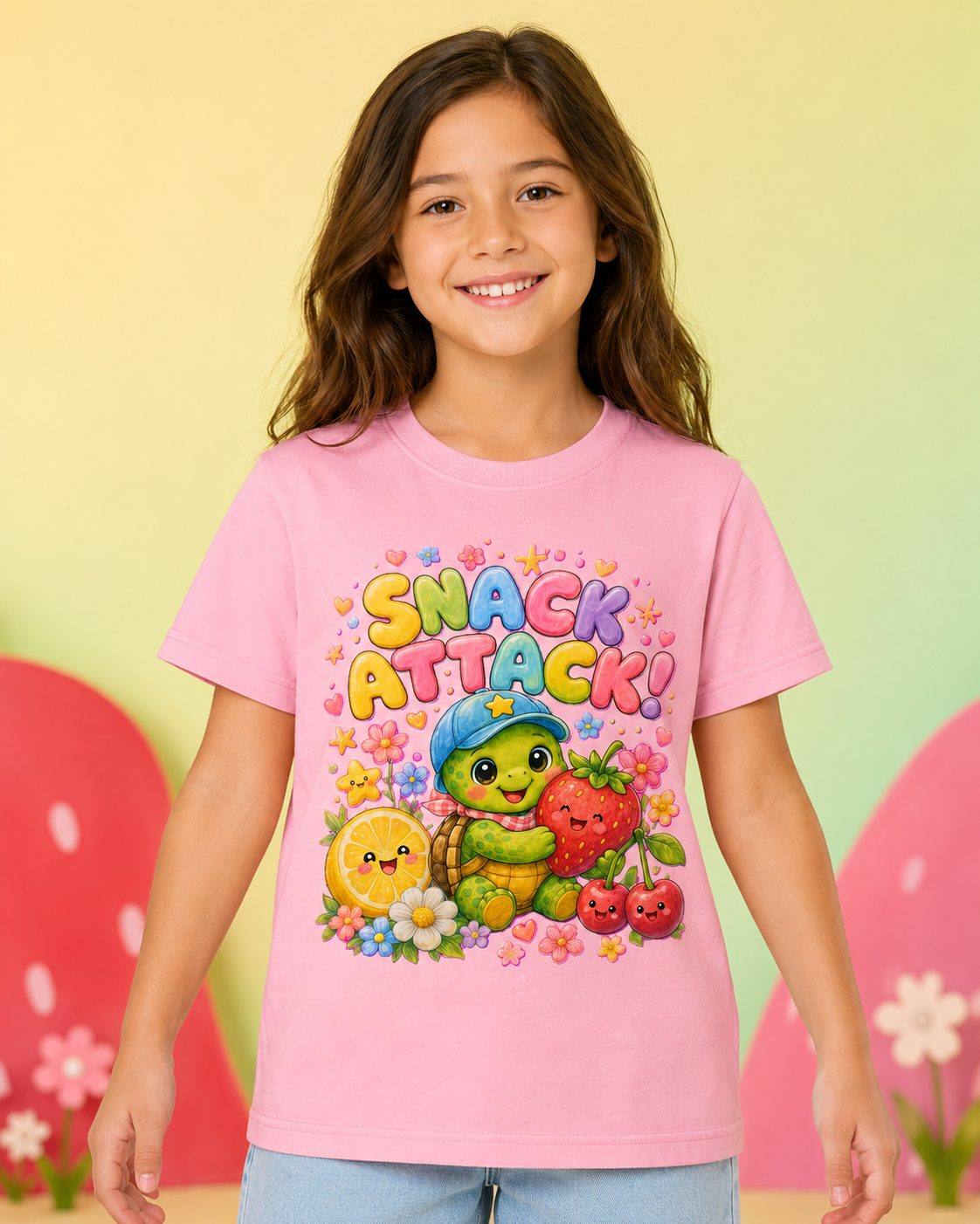 Snack Attack Kinder-T-Shirt mit Schildkröte | Kawaii Obst-Shirt für Kinder