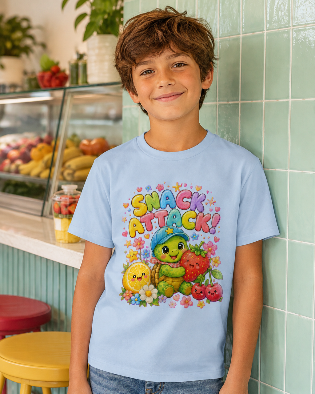 Snack Attack Kinder-T-Shirt mit Schildkröte | Kawaii Obst-Shirt für Kinder