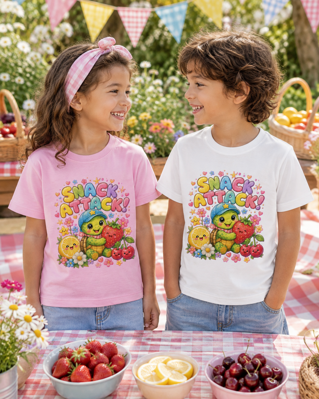 Snack Attack Kinder-T-Shirt mit Schildkröte | Kawaii Obst-Shirt für Kinder
