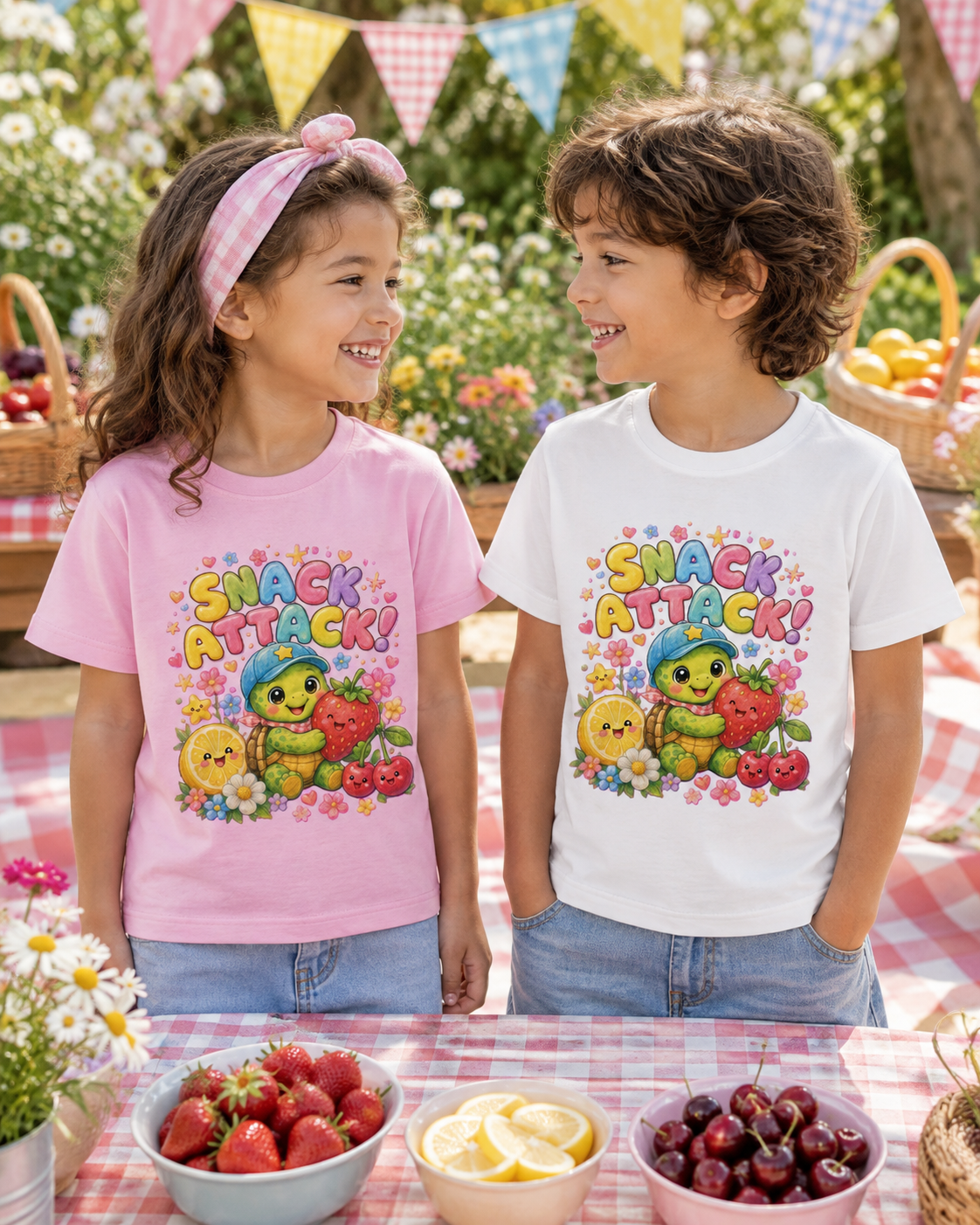 Snack Attack Kinder-T-Shirt mit Schildkröte | Kawaii Obst-Shirt für Kinder