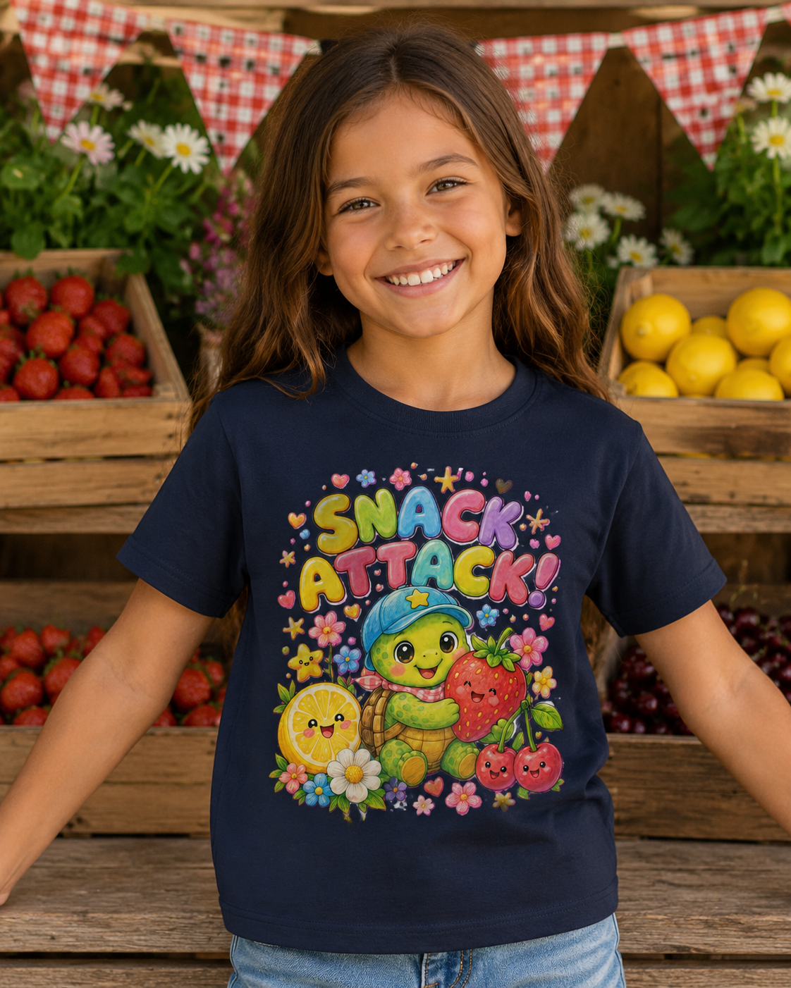 Snack Attack Kinder-T-Shirt mit Schildkröte | Kawaii Obst-Shirt für Kinder