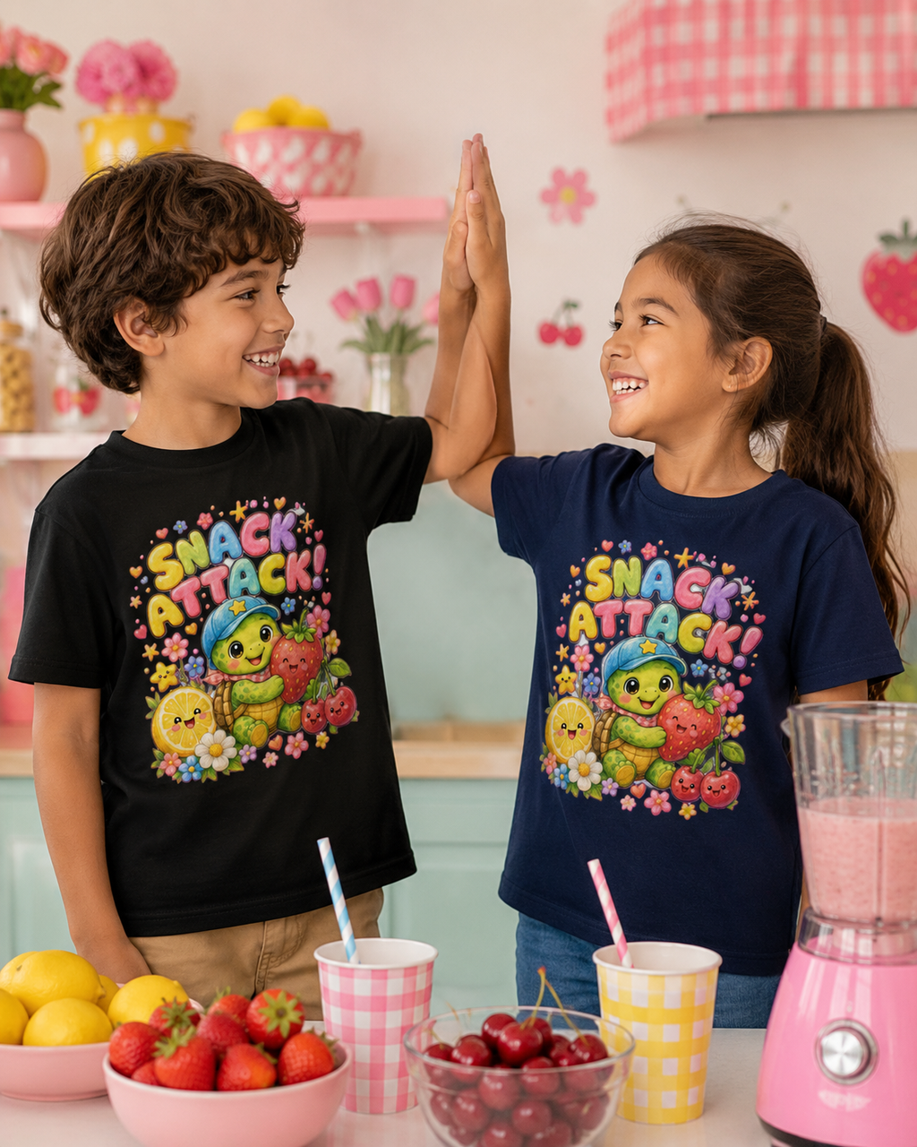 Snack Attack Kinder-T-Shirt mit Schildkröte | Kawaii Obst-Shirt für Kinder