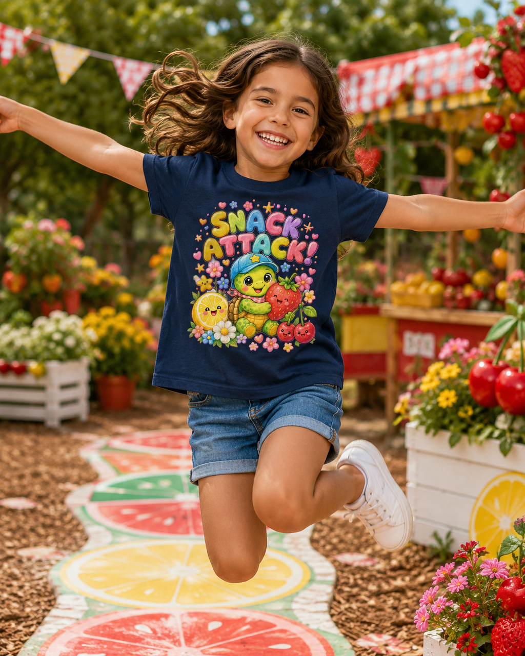 Snack Attack Kinder-T-Shirt mit Schildkröte | Kawaii Obst-Shirt für Kinder