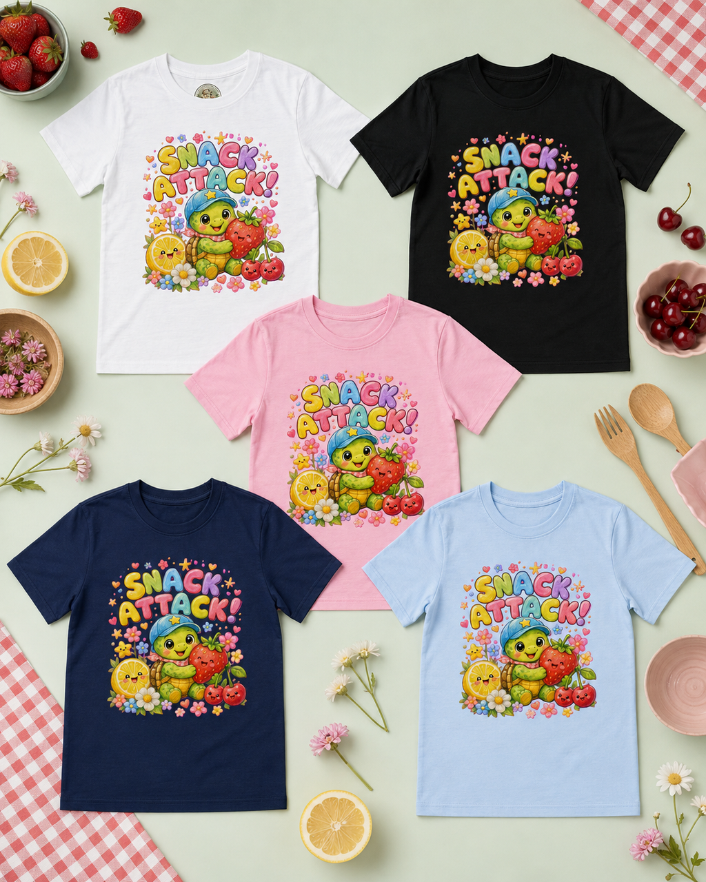 Snack Attack Kinder-T-Shirt mit Schildkröte | Kawaii Obst-Shirt für Kinder